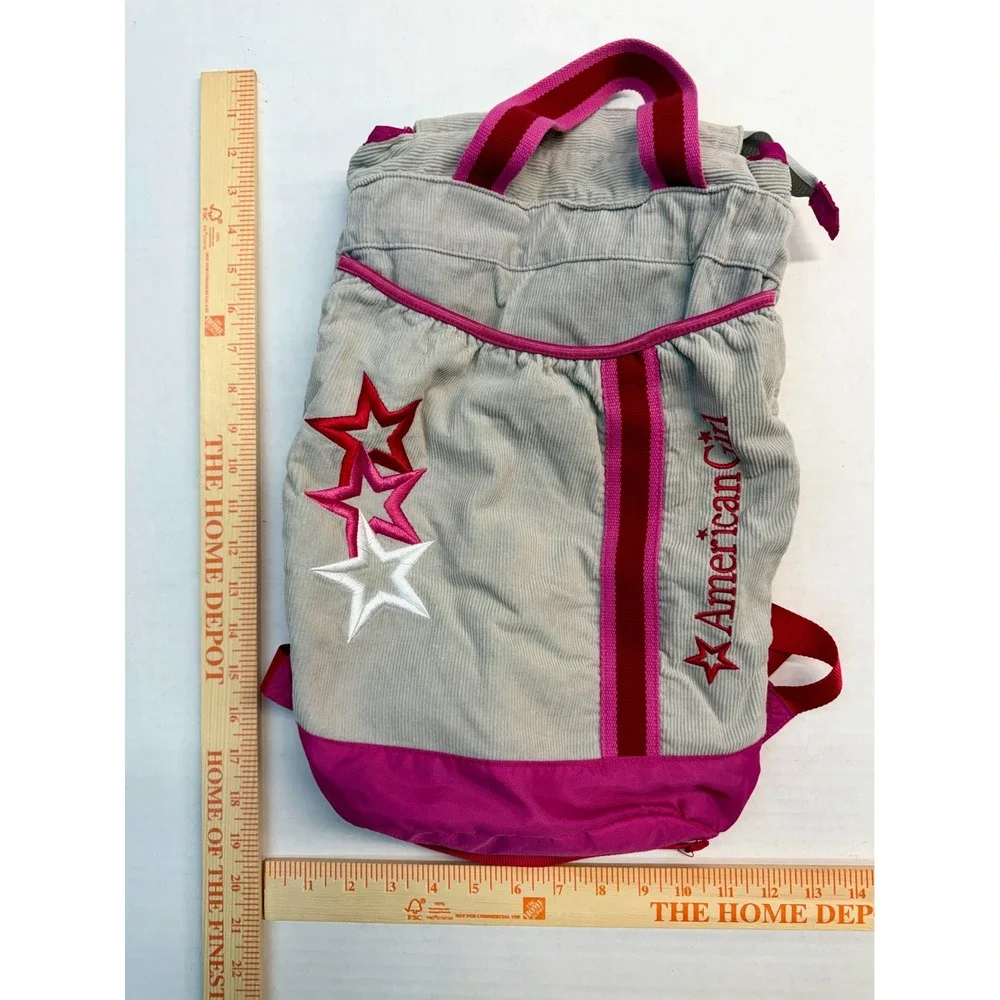 American Girl Grey Corduroy Backpack Pink Red Embroidered Stars Kids Bag
